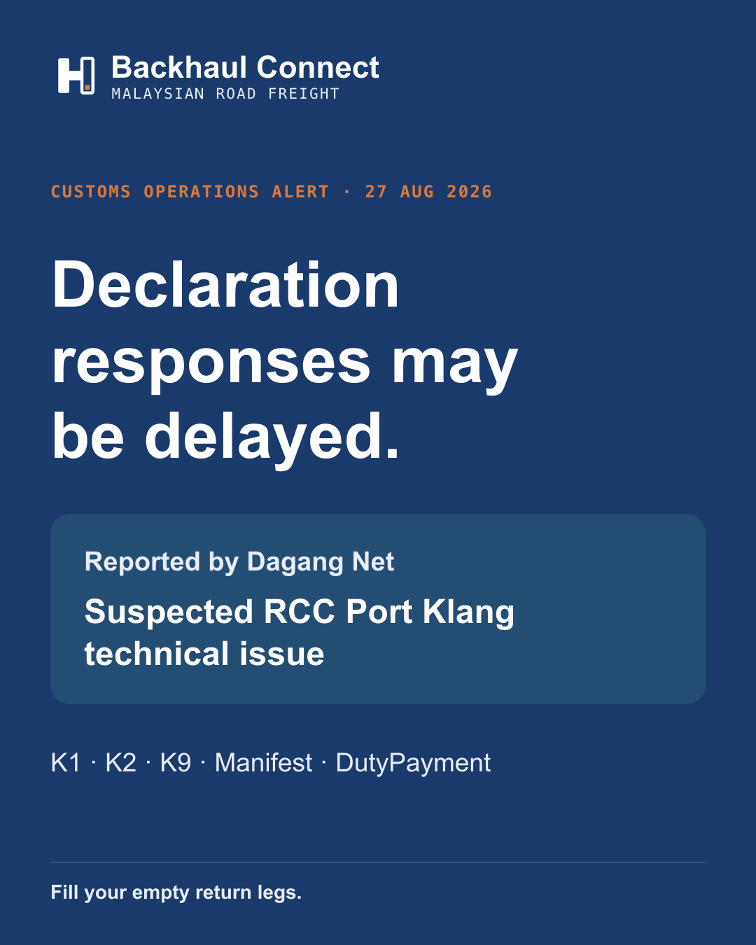 RCC Port Klang issue may delay customs declaration responses across five regions