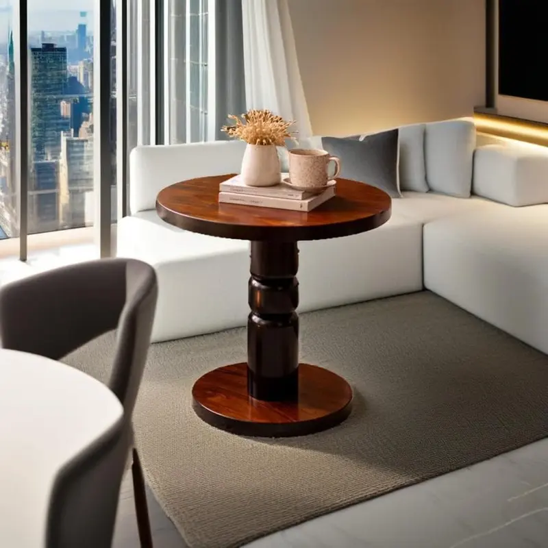 Round Sheesham Wood Pedestal Side Table | Solid Sheesham Wooden End Table for Living Room Bedroom Balcony 
