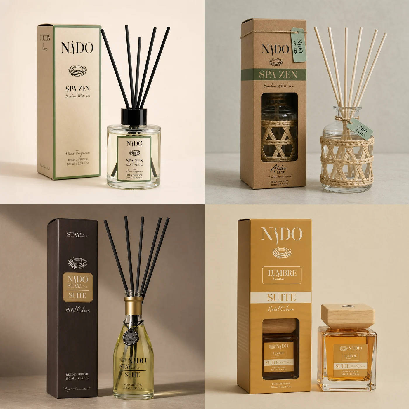 PACK HOGAR: los cuatro mikados NIDO (COCON, ATELIER, STAY y LUMBRE)