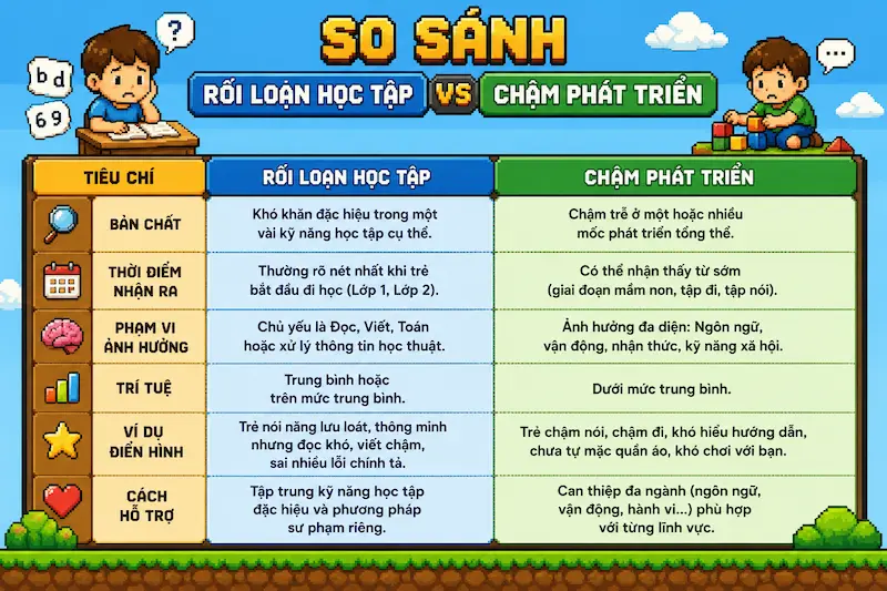 Bảng so sánh Rối loạn học tập và Rối loạn phát triển trí tuệ
