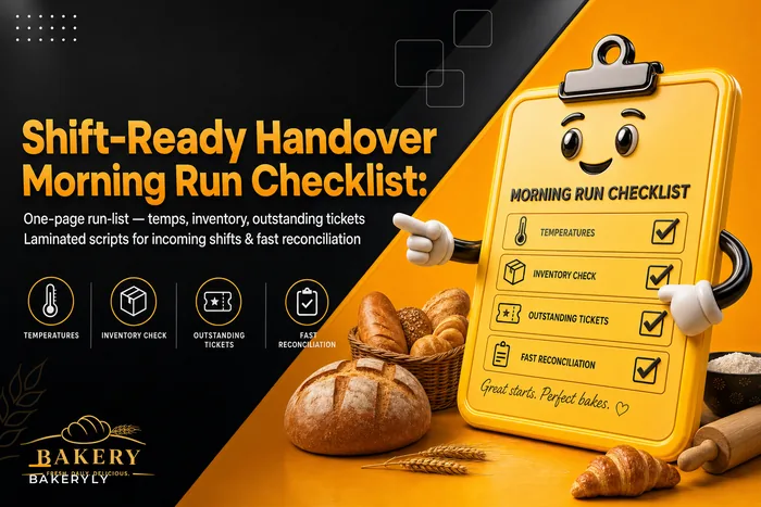 A one‑page shift handover checklist for multi‑shift bakeries: morning run‑list, temps, inventory and reconciliation scripts