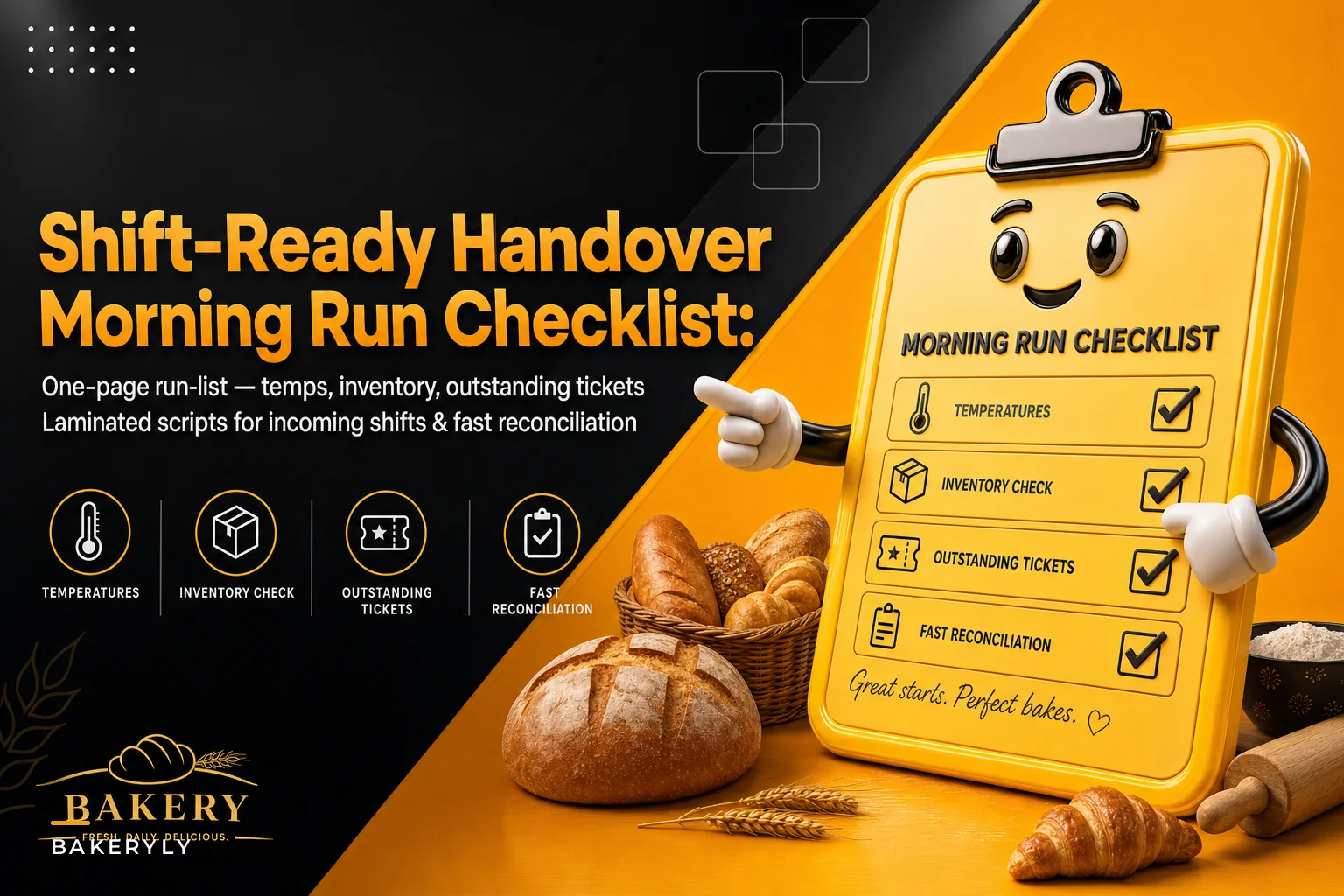 A one‑page shift handover checklist for multi‑shift bakeries: morning run‑list, temps, inventory and reconciliation scripts