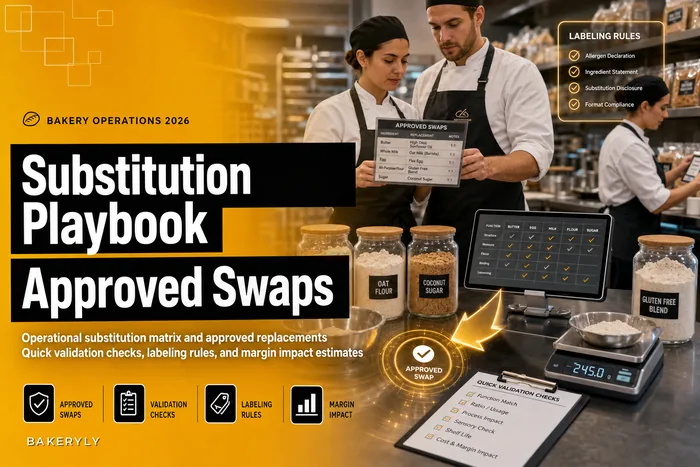 Emergency ingredient substitution playbook: approved swaps, quick validation checks and labeling rules