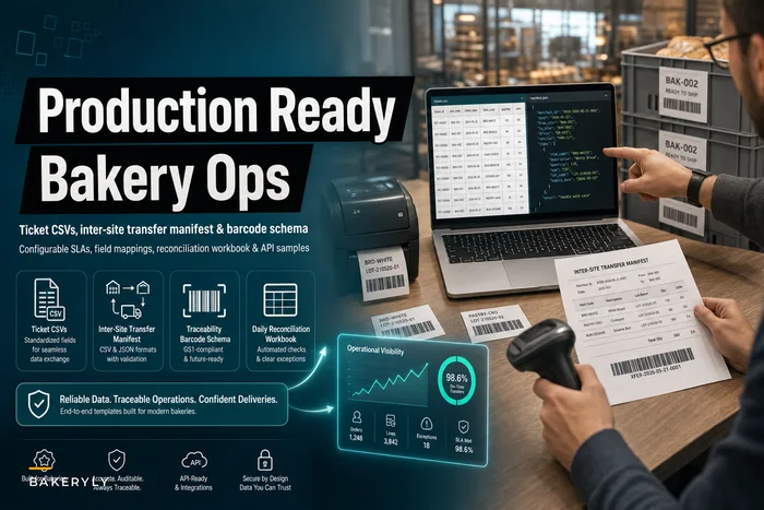 Operational templates for bakeries: ticket CSVs, inter‑site transfer manifest (CSV/JSON), traceability barcode schema, and daily reconciliation workbook