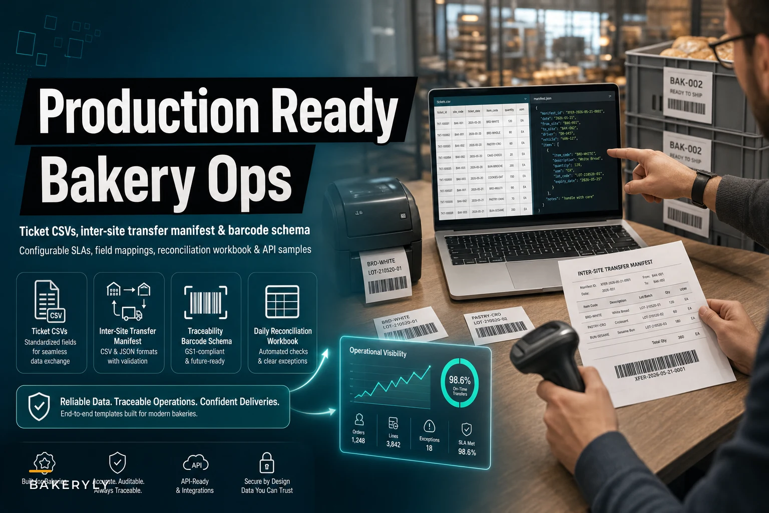 Operational templates for bakeries: ticket CSVs, inter‑site transfer manifest (CSV/JSON), traceability barcode schema, and daily reconciliation workbook