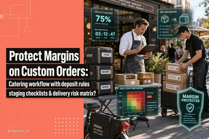 Protect margins on custom orders: a catering workflow with deposit rules, staging checklists and a delivery risk matrix