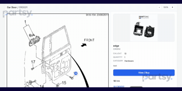 Partsy catalog walkthrough: a shopper selects a numbered callout, sees the part image and details, then follows the View / Buy button to the product page