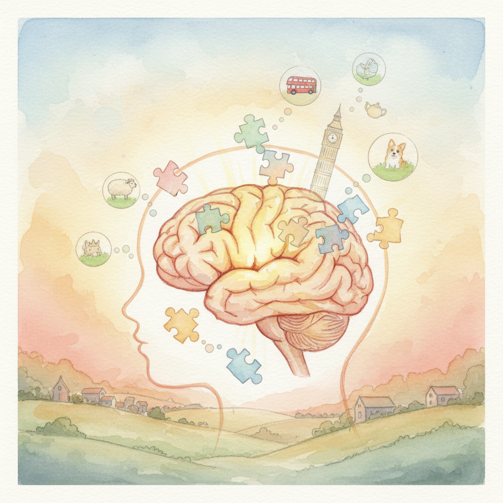 A watercolour illustration of a child's brain, glowing softly, with abstract shapes representing memories and learning connecting around it.