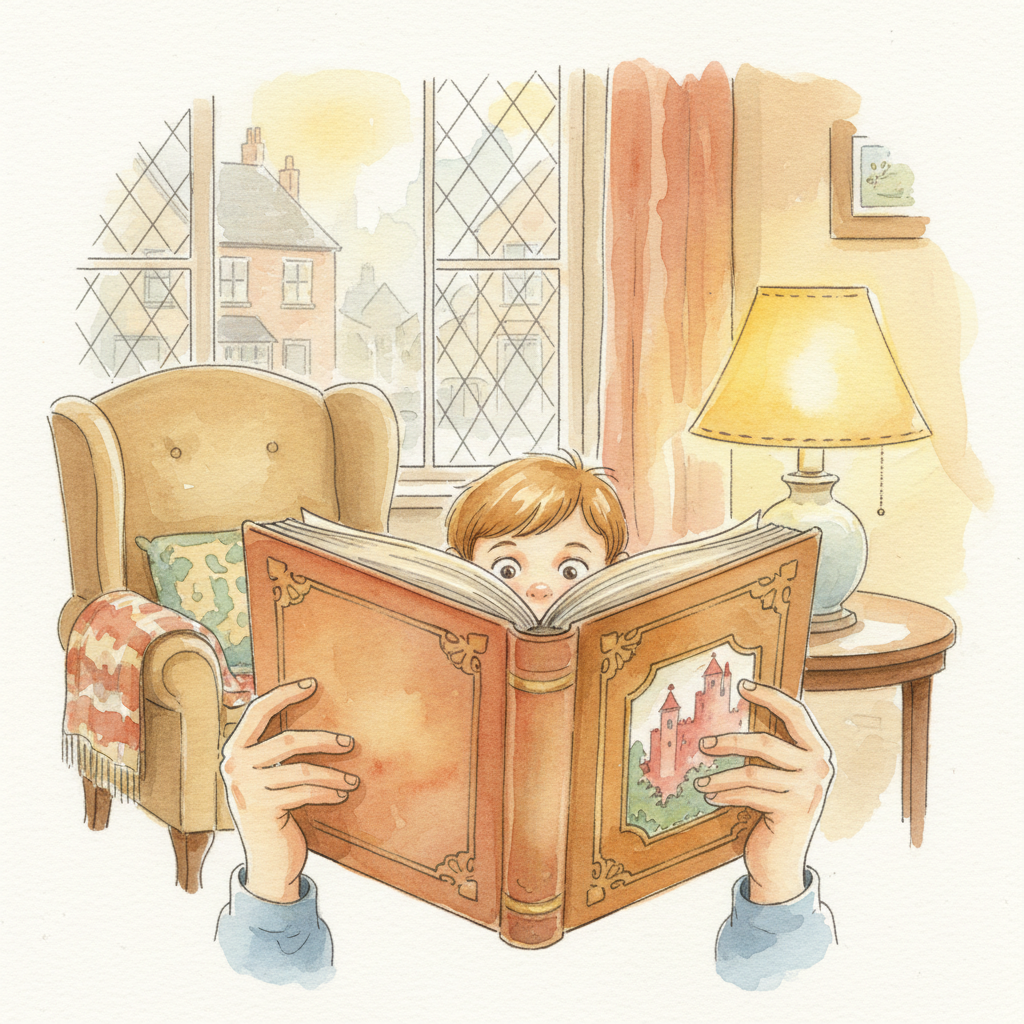 A parent's hands holding an open storybook, with a child's face peering over the top, illuminated by a warm lamp, suggesting a bedtime story.