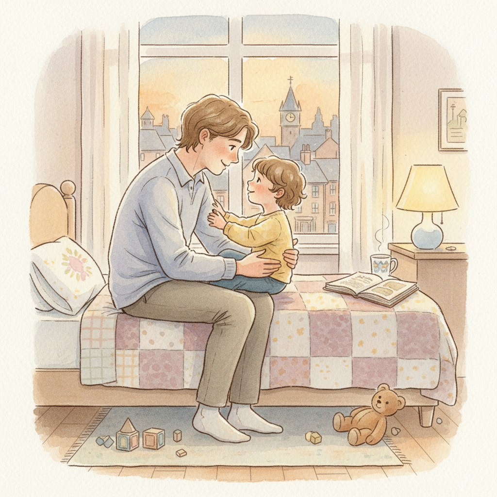 A parent and child sharing a quiet, intimate conversation on a bed, conveying active listening and emotional connection during bedtime.
