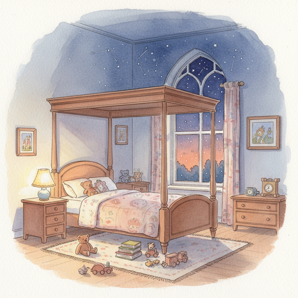 A peaceful child's bedroom as evening transitions to night, with stars visible outside the window, illustrating the winding down for sleep.