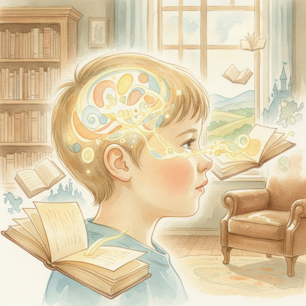 An illustration of a child's head with glowing lines inside, representing active brain development and cognitive processing during reading.