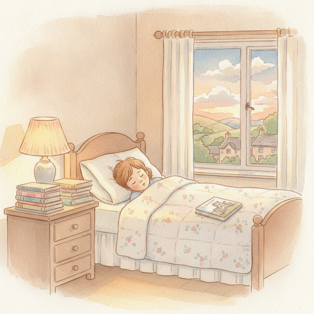 A peaceful watercolour illustration of a child sleeping, with books nearby, suggesting a calm bedtime routine and good sleep.
