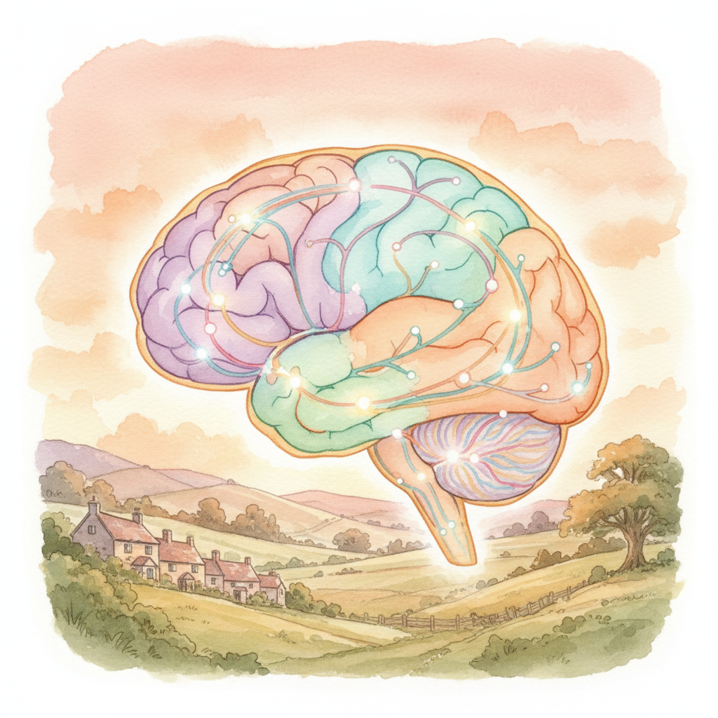 Conceptual illustration of a brain with glowing neural pathways forming new connections, symbolising the reading circuit.