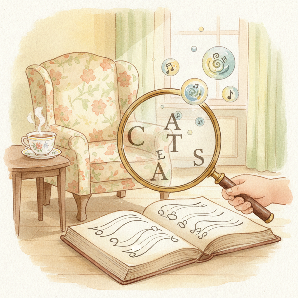 Child's hand with a magnifying glass over a book, showing letters and individual sound bubbles, representing phonics decoding.