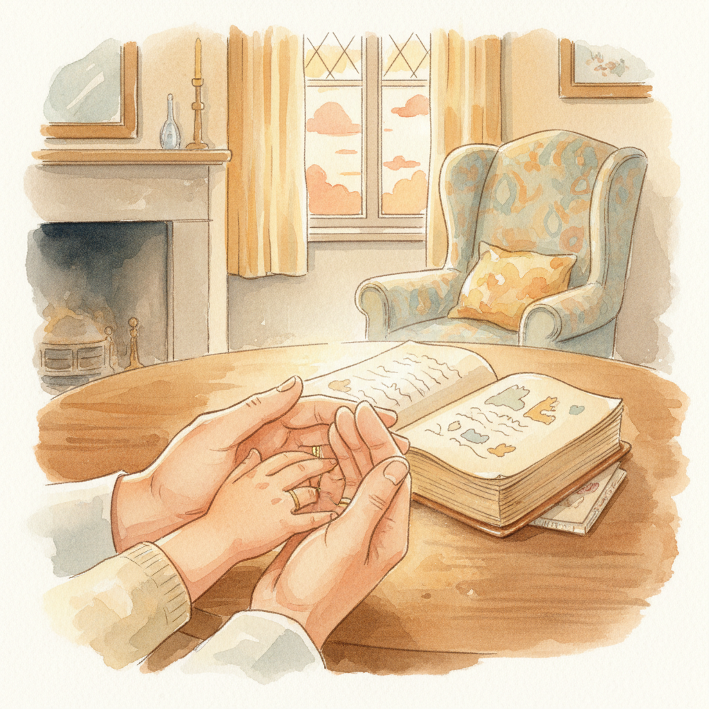 Parent's hands holding child's hands, with an open storybook in the background, representing shared reading time.