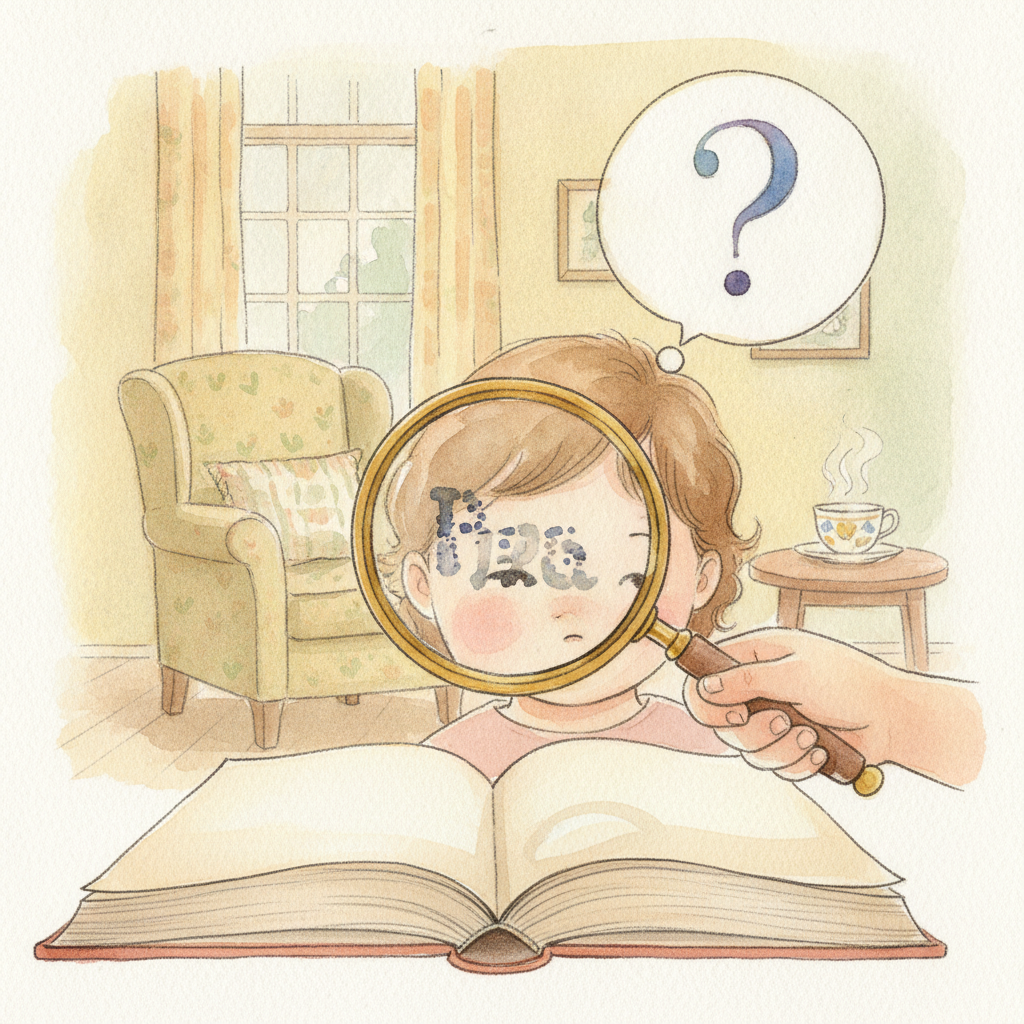Child's hand with a magnifying glass over a book, a thought bubble with a question mark illustrating reading comprehension.