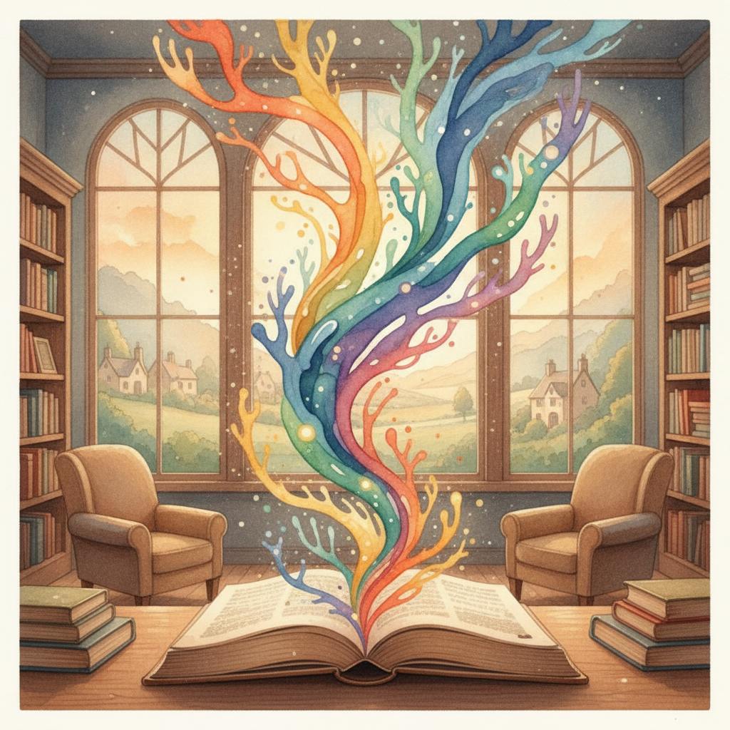 An open book with abstract brain connections and pathways emerging from its pages, symbolising the brain's reading process.
