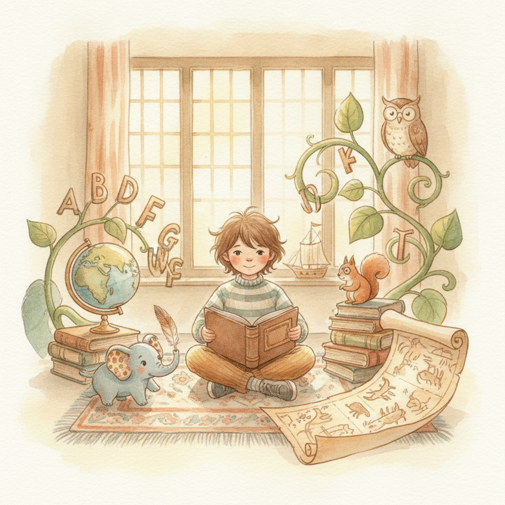 A child surrounded by whimsical objects and diverse items, reading an open book, illustrating vocabulary growth through rich experiences.