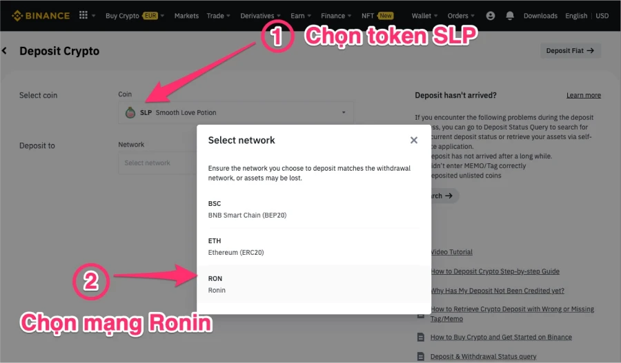 Chọn token SLP và chọn mạng Ronin