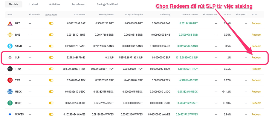 Rút SLP staking bằng Redeem