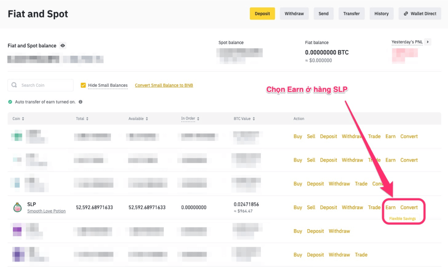 Bắt đầu staking SLP trên Binance earn