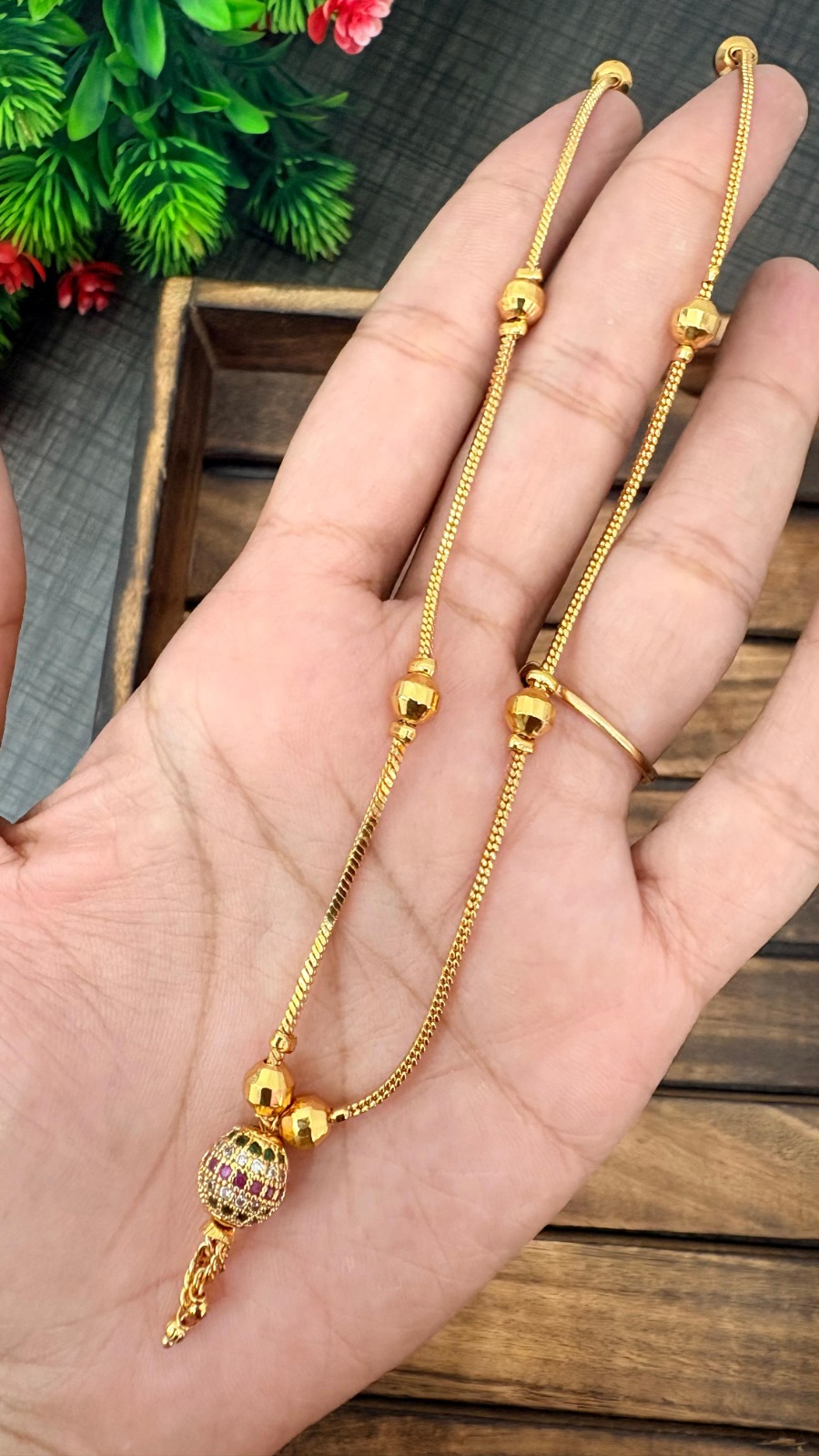 Gold Ball short Chain with red & green color