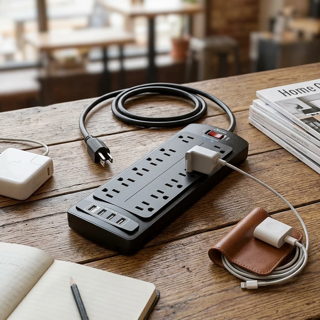ALESTOR Power Strip 12 Tomas + 4 USB con Protector de Picos