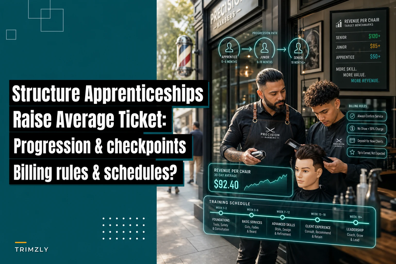 Structure apprenticeships that raise average ticket: progression, checkpoints and billing rules