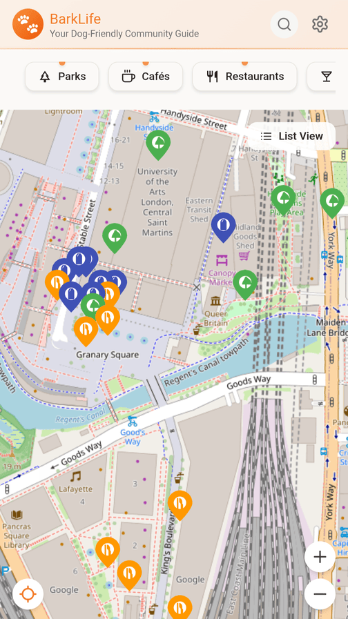 BarkLife map showing dog-friendly parks in London