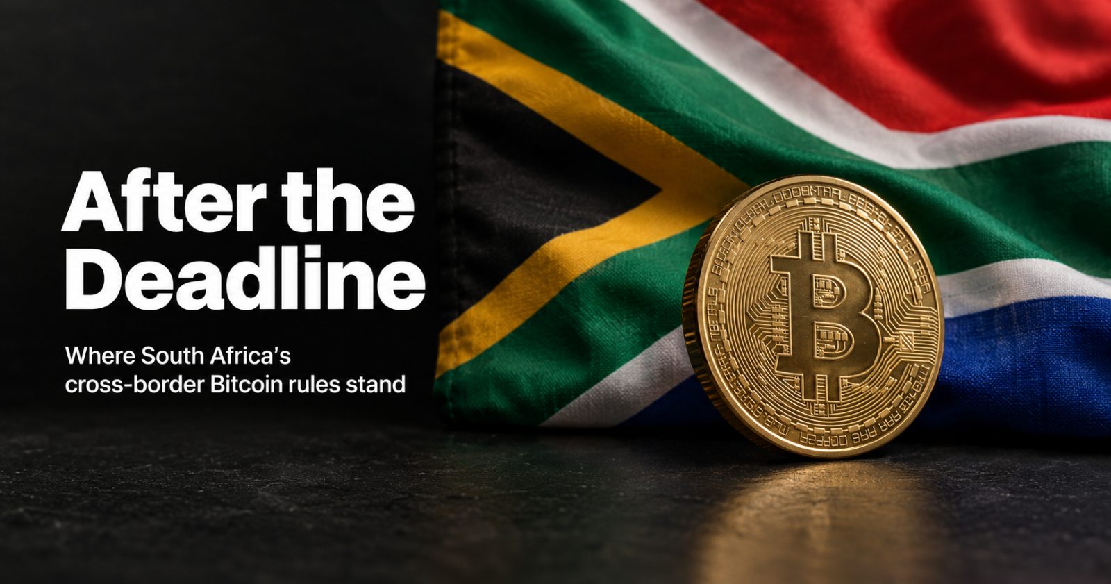 Bitcoin coin behind a lowered red-and-white border boom gate, beside the headline After the Deadline