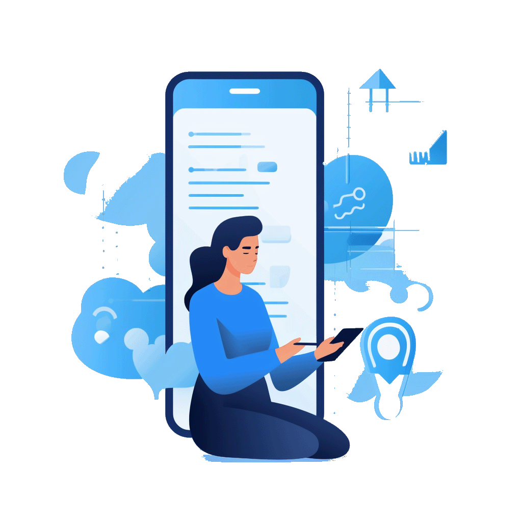 Woman on a phone app and thinking about ideas