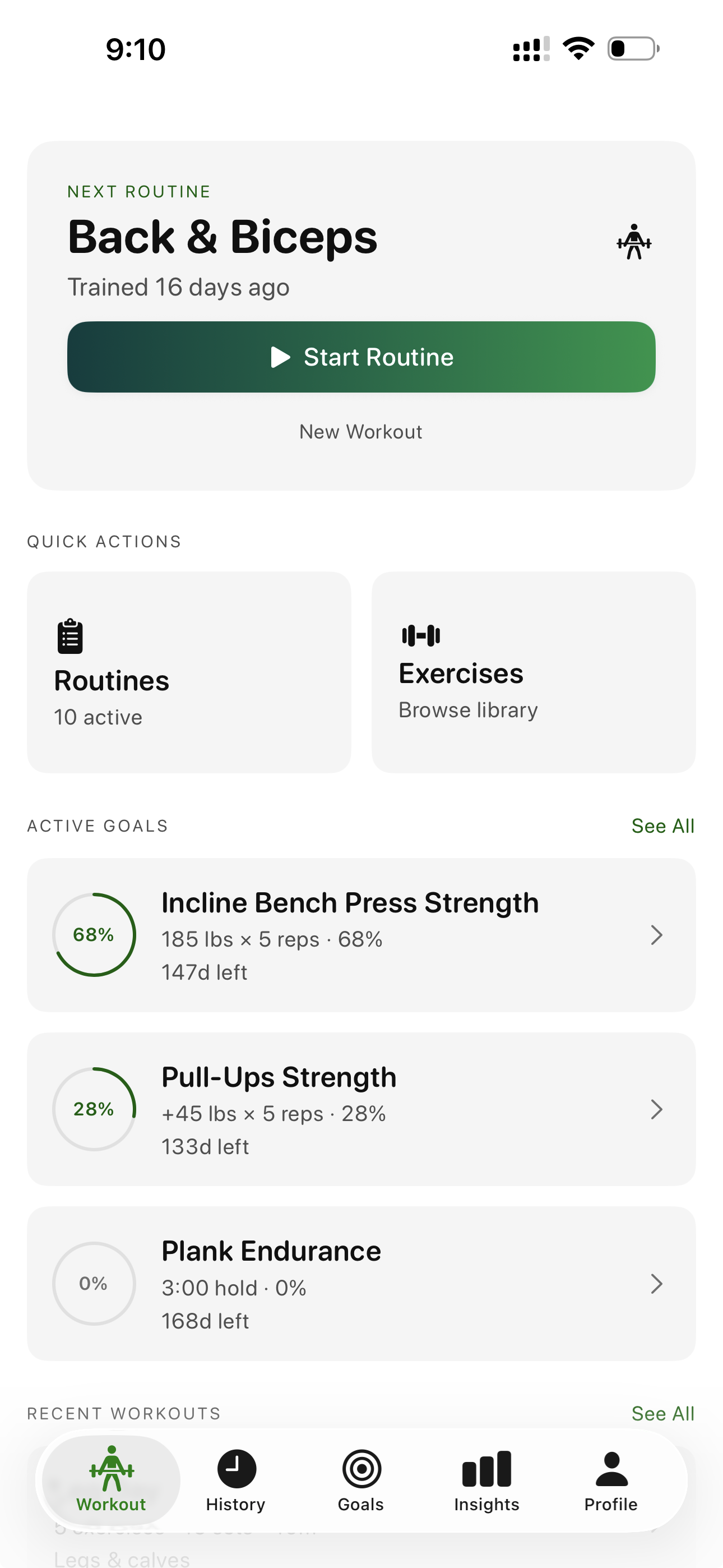 Bazu home view showing the next routine, quick actions, and active goals with progress toward target dates