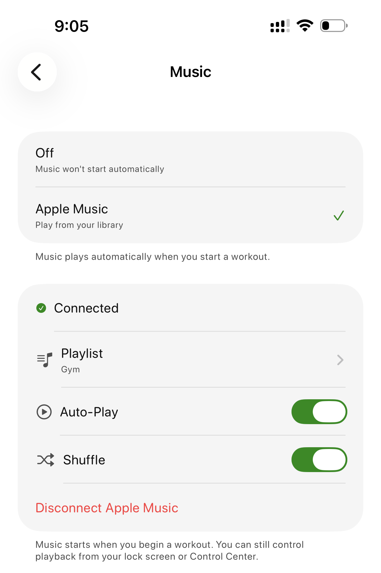 Bazu Workout Music settings Bazu Workout Music settings with Apple Music connected, Auto-Play enabled, and Shuffle enabled