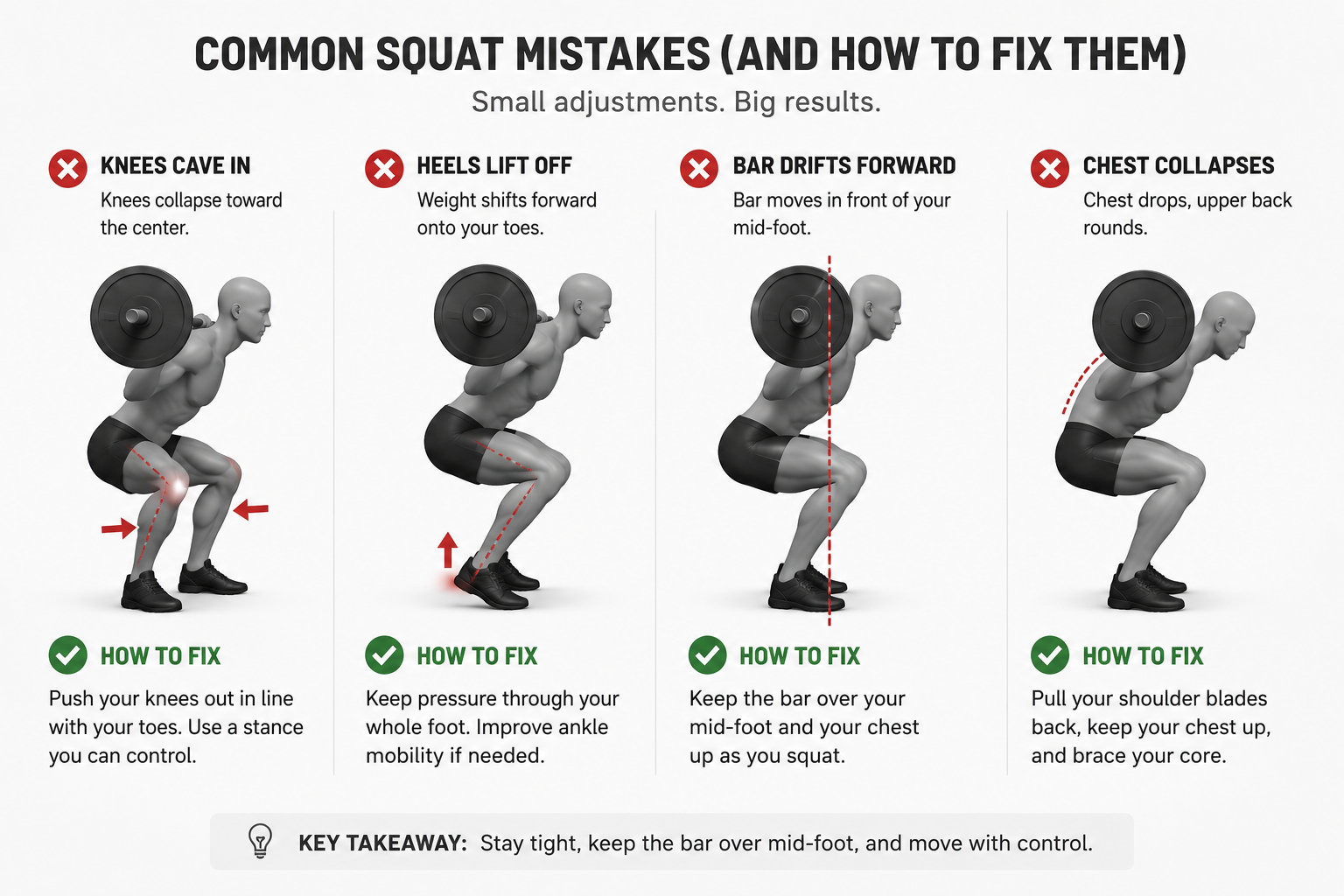 common squat mistakes including knees cave in heels lifting bar drifting forward and chest collapse
