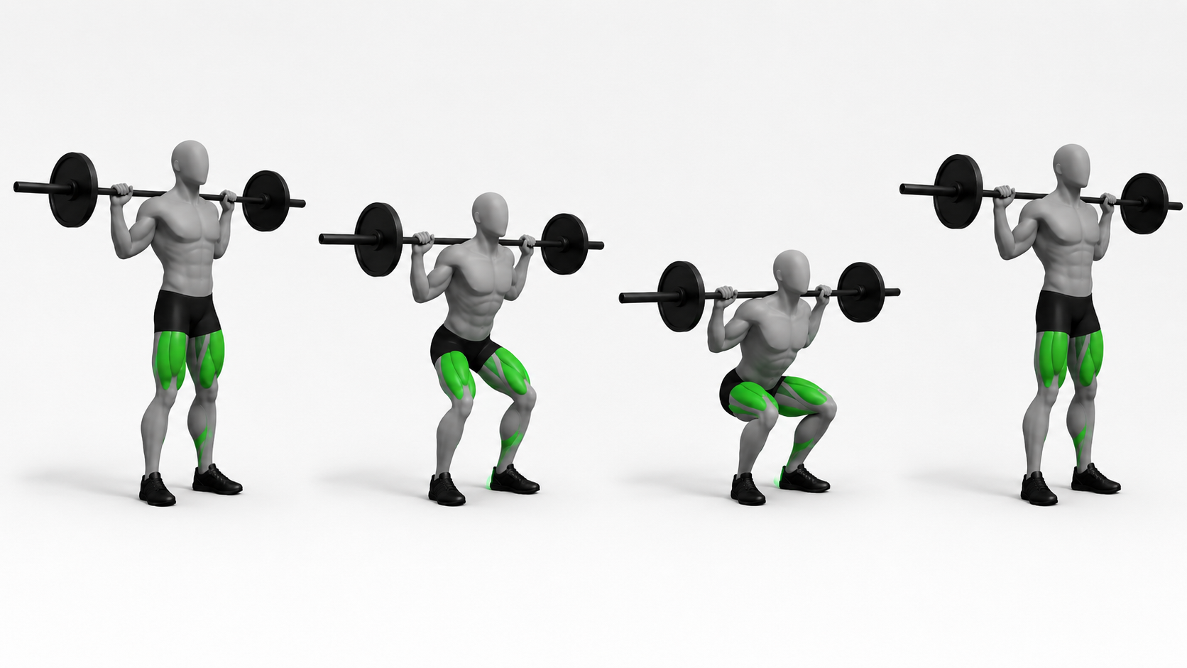step by step barbell squat form from setup to bottom position and standing up