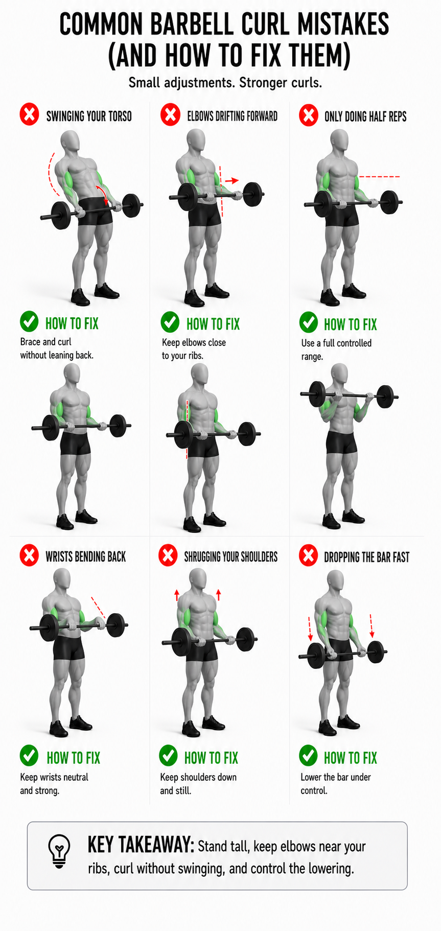common barbell curl mistakes including swinging the torso elbows drifting forward half reps wrists bending back shoulder shrugging and dropping the bar fast