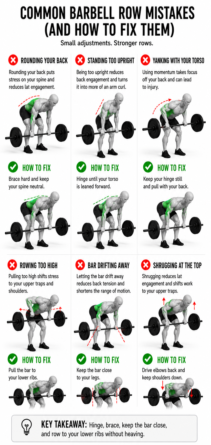 common barbell row mistakes including rounding the back standing too upright yanking with the torso rowing too high bar drifting away and shrugging