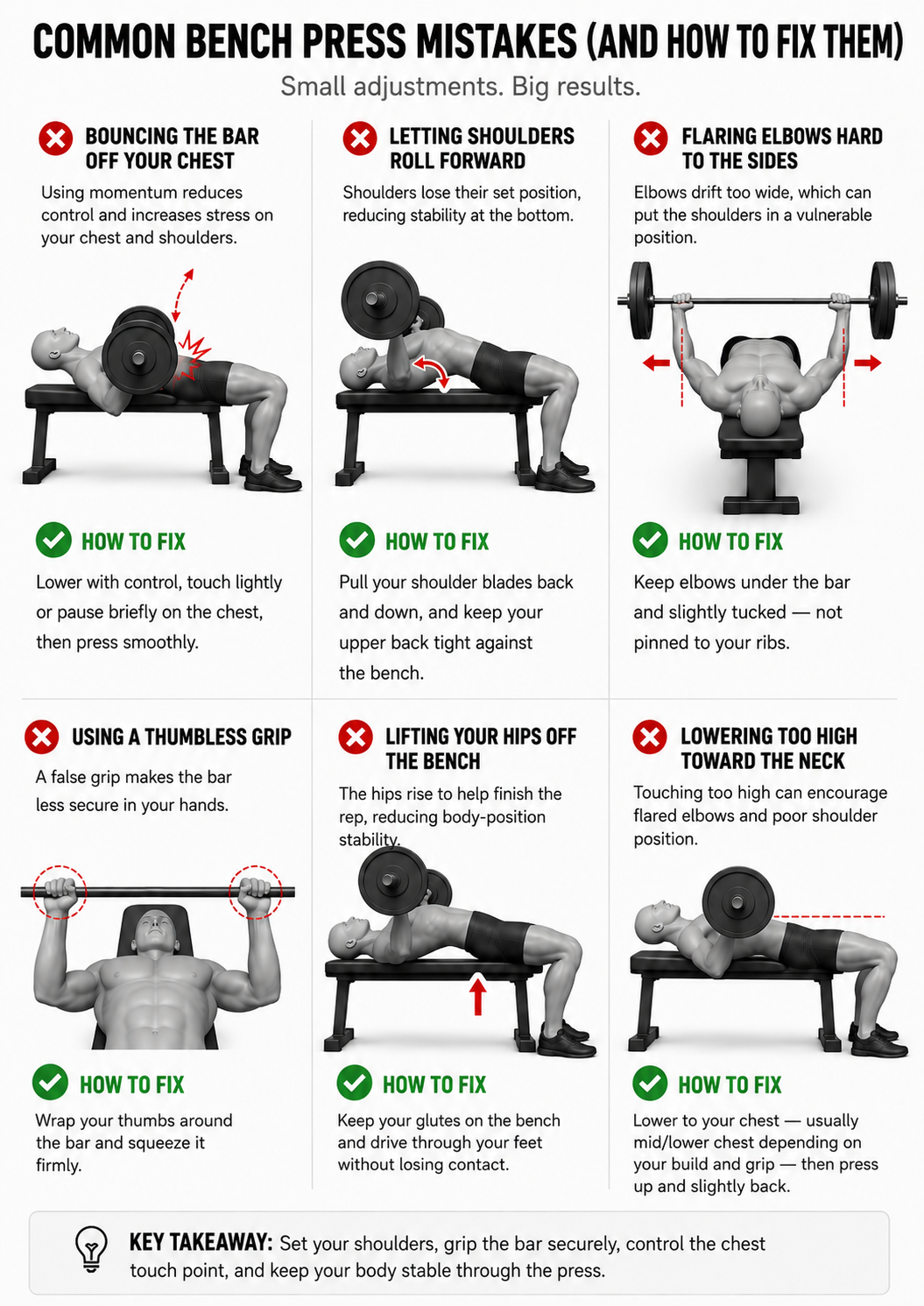 common bench press mistakes including bar bouncing shoulders rolling forward elbows flaring hips lifting and lowering too high