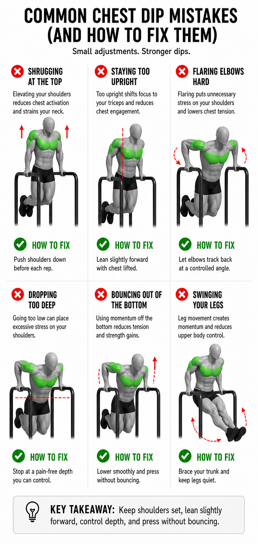 common chest dip mistakes including shrugging staying too upright flaring elbows dropping too deep bouncing and swinging legs