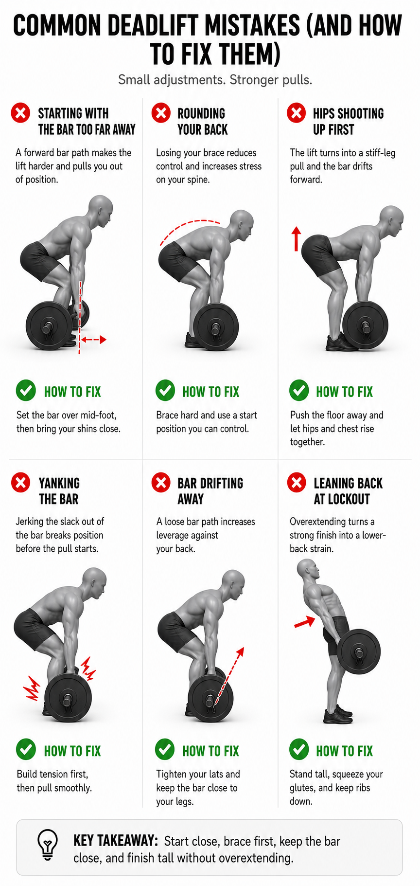 common deadlift mistakes including starting with the bar too far away rounding your back hips shooting up yanking the bar bar drifting away and leaning back at lockout