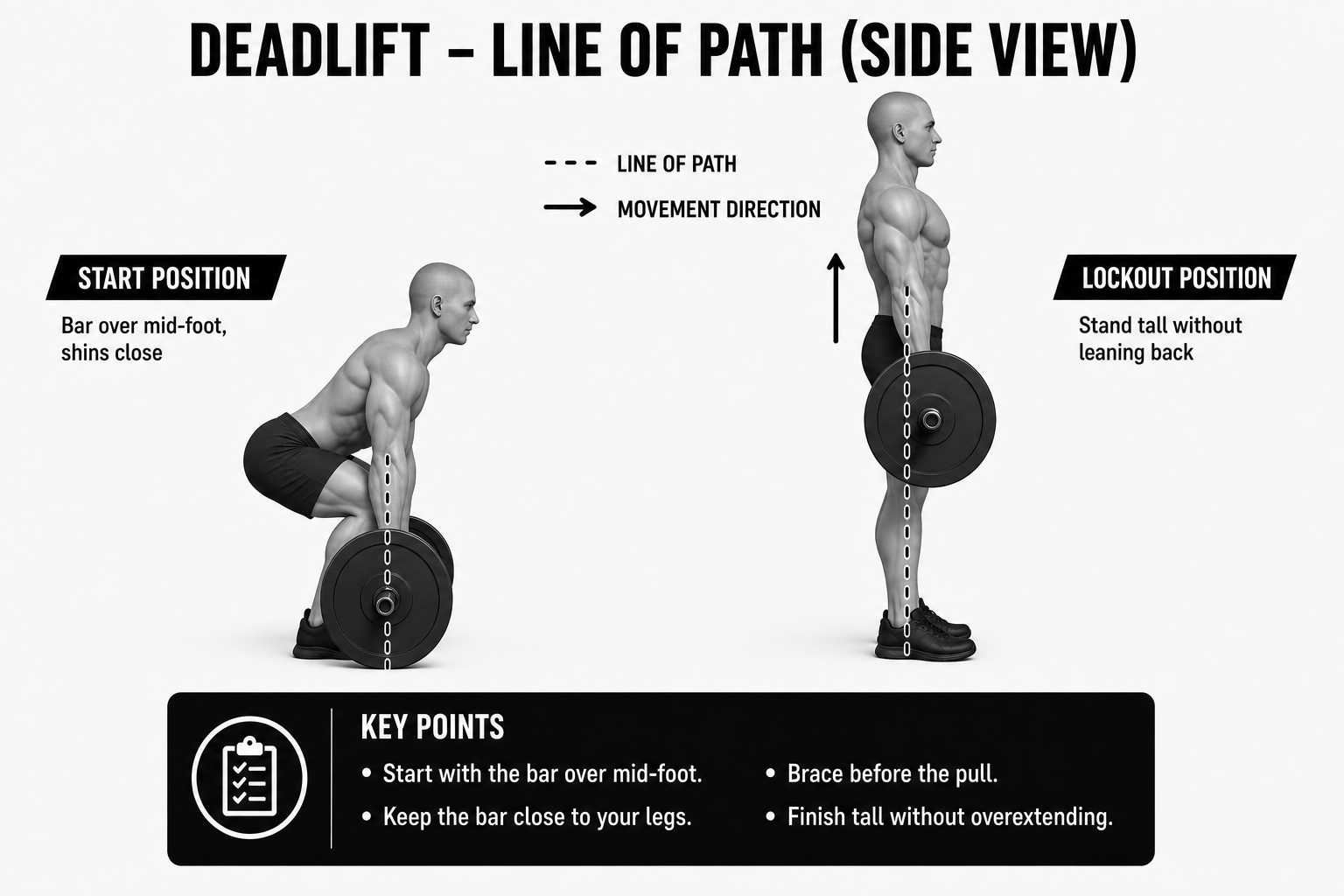 deadlift side view showing vertical bar path close to the body from start to lockout