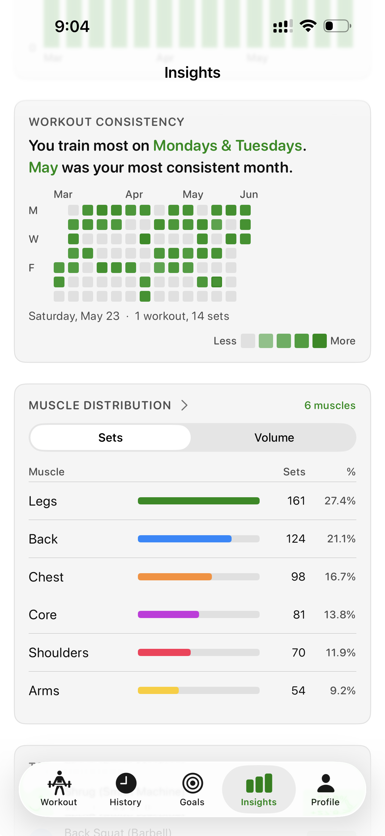 Bazu consistency chart showing workout frequency and training streak data