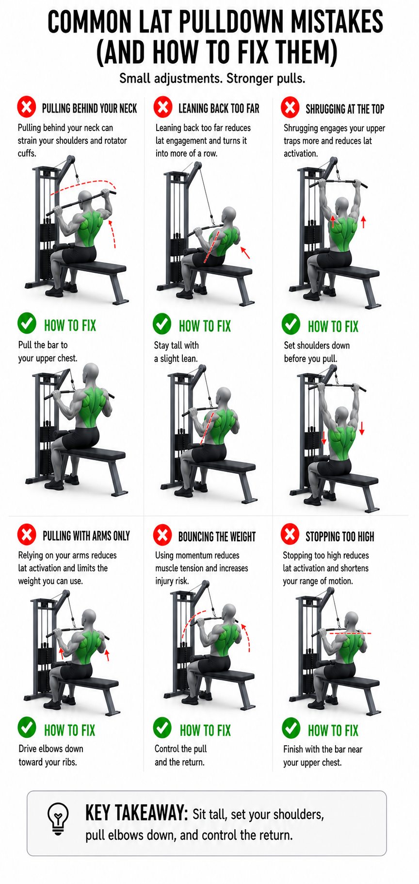 common lat pulldown mistakes including pulling behind the neck leaning back too far shrugging pulling with arms only bouncing the weight and stopping too high