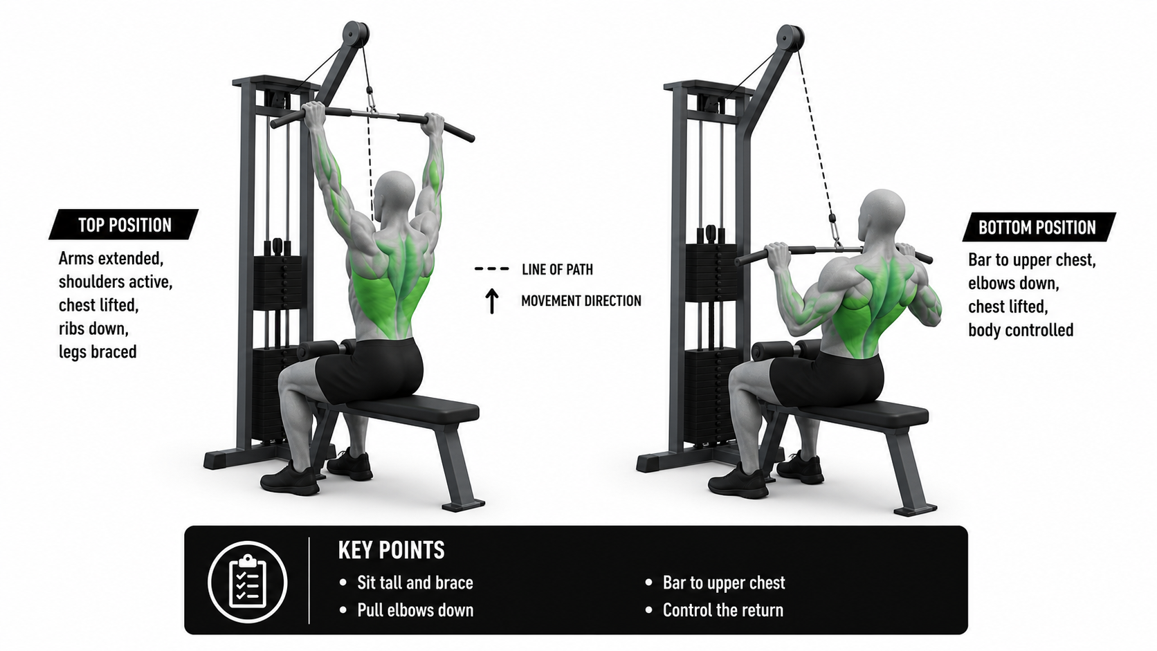 lat pulldown line of path showing the bar moving from overhead to the upper chest