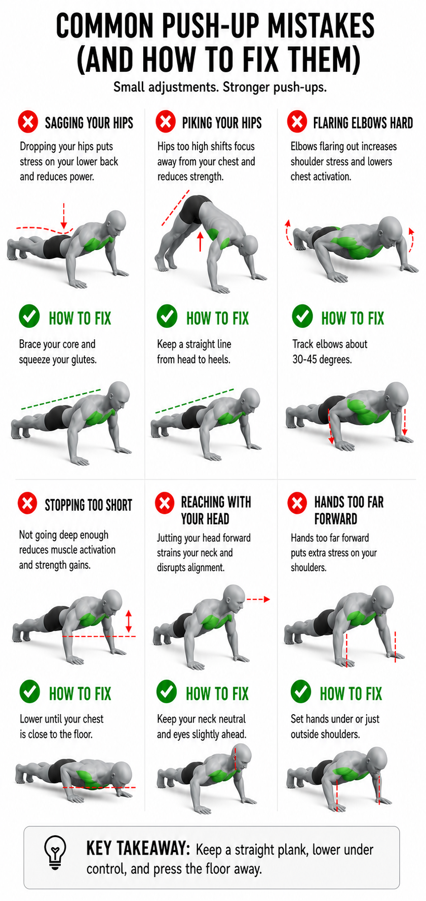 common push-up mistakes including sagging hips piking hips flaring elbows stopping short reaching with the head and hands too far forward