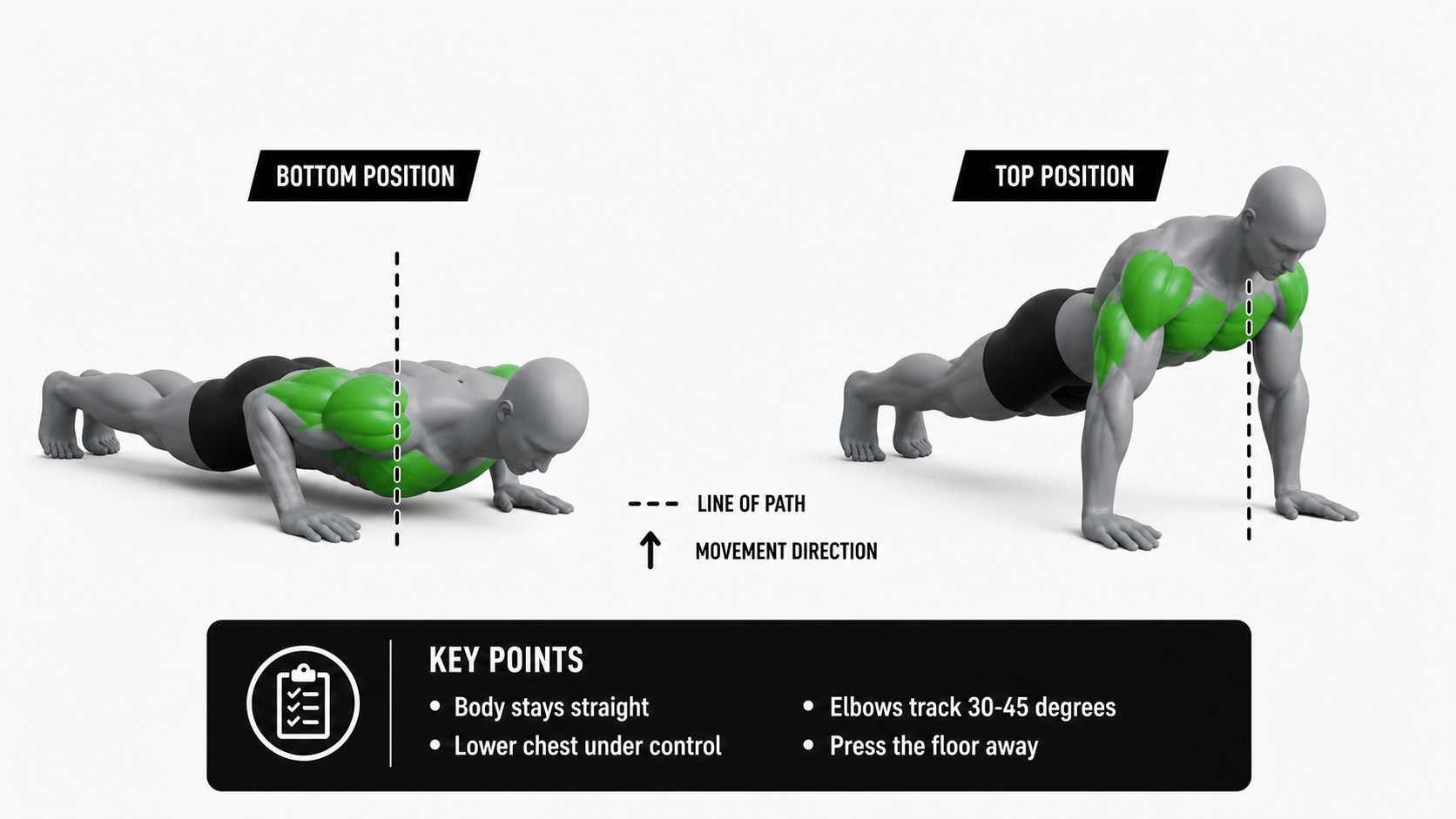 push-up line of path showing body lowering and pressing as one straight plank