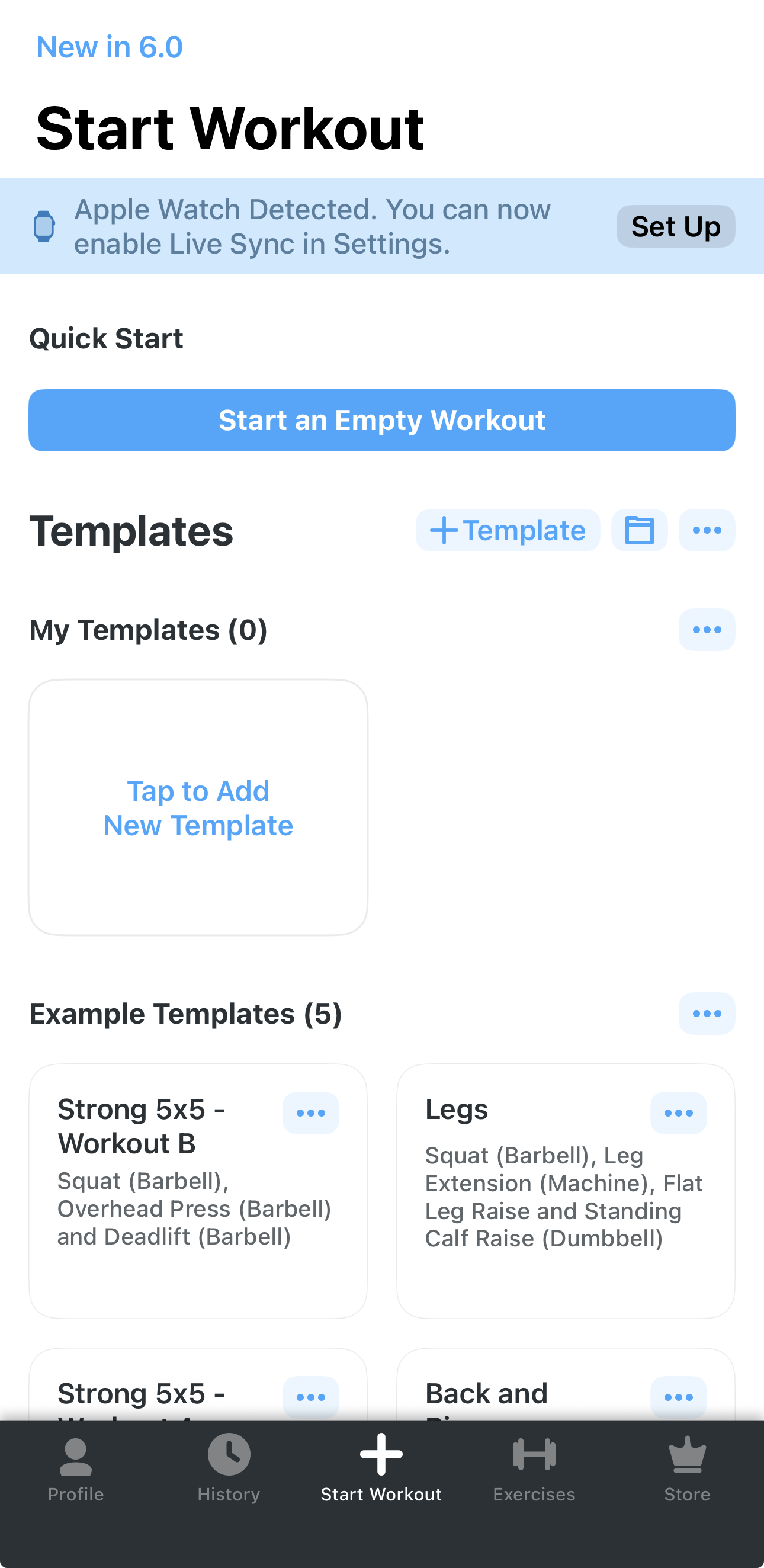 Strong app home view showing the start workout screen and example workout templates