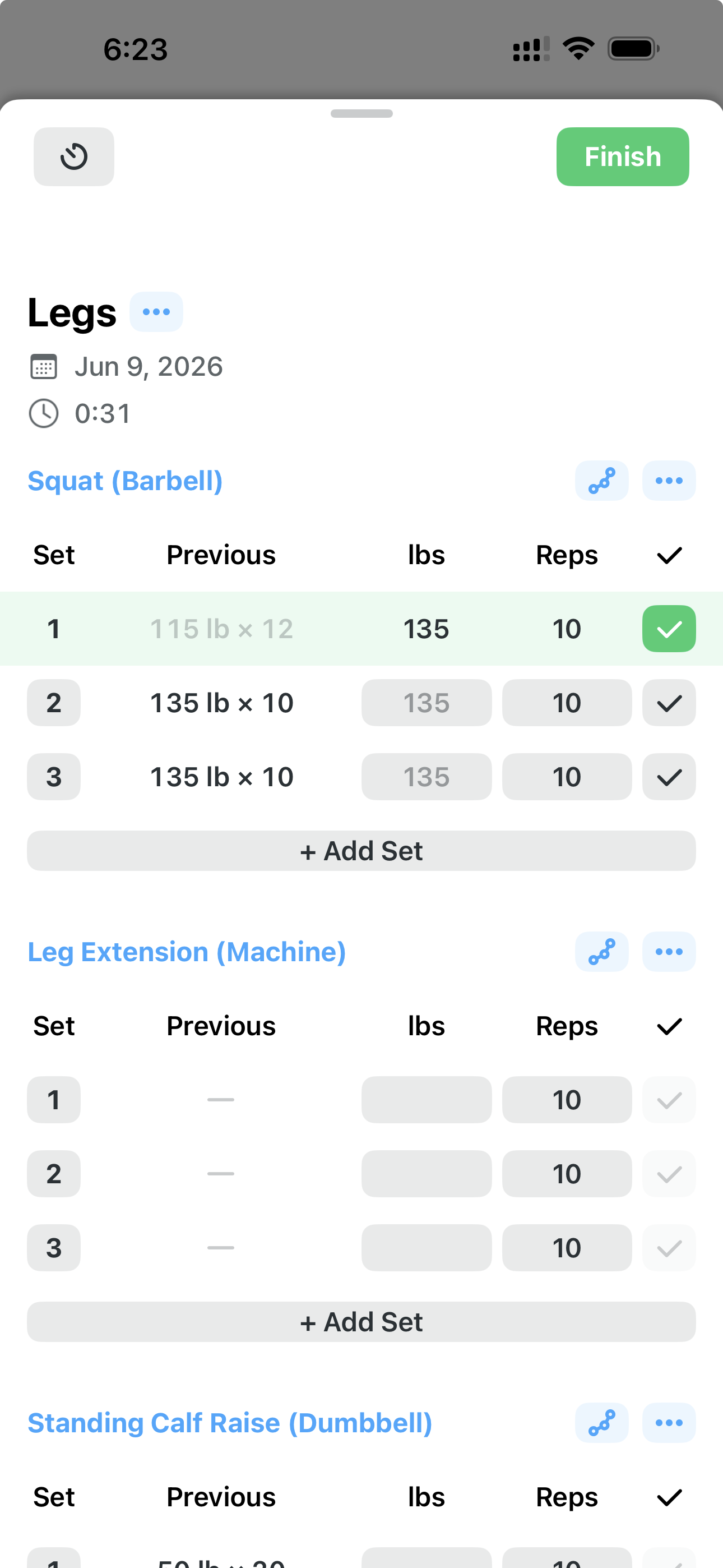 Strong app active workout view showing workout logging screen