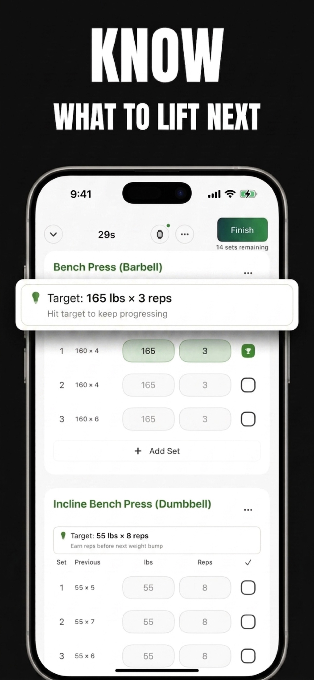 Bazu active workout screen with recommended weight and rep targets prefilled into pending sets